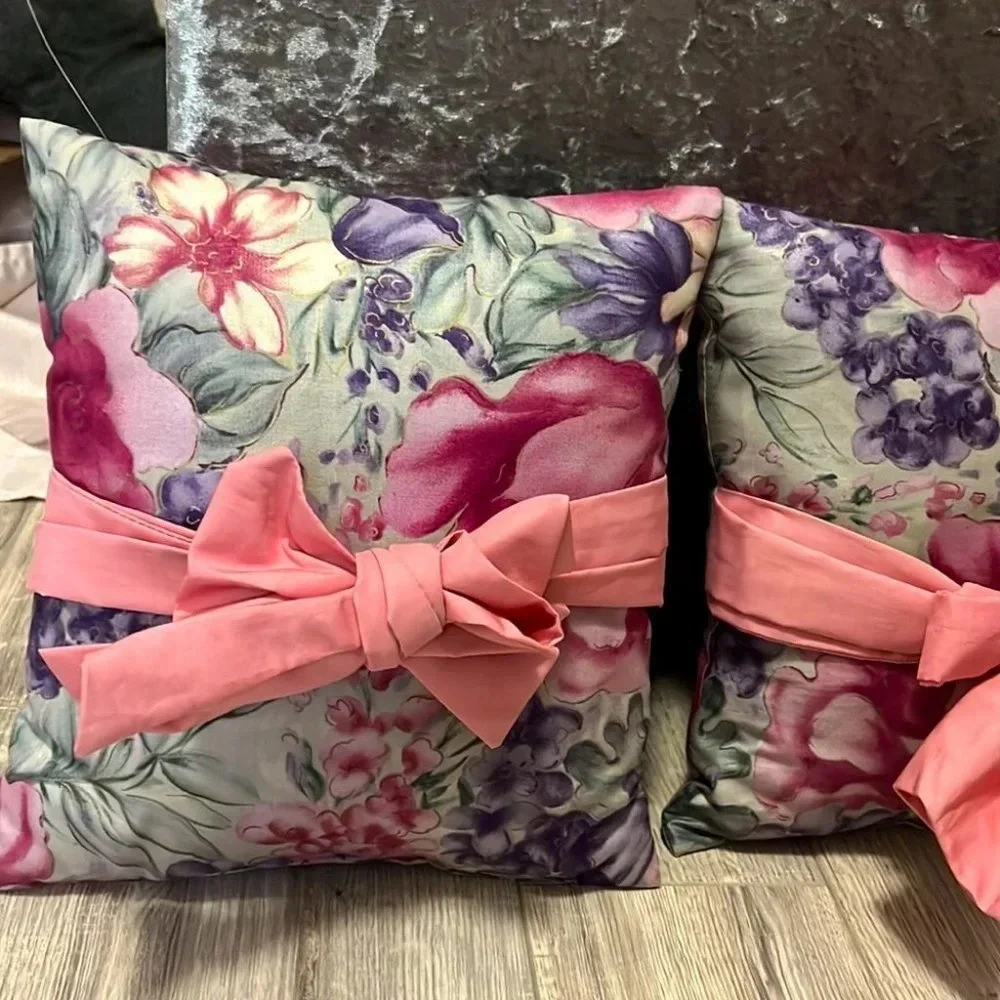 Vintage pillows bows floral pink green purple gold rare retro ribbon tie up